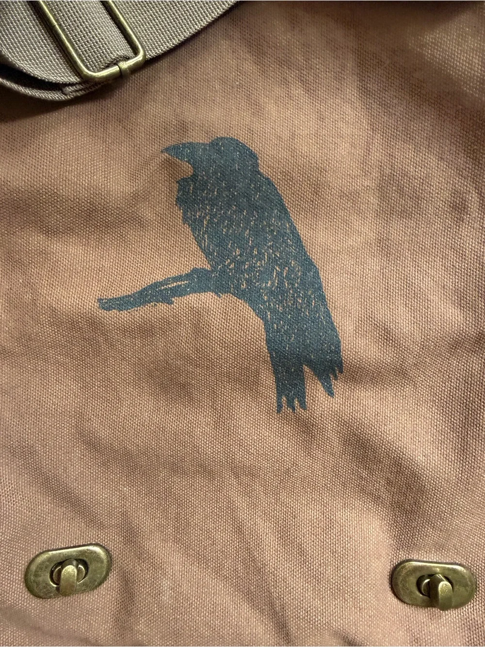 Brown Canvas Messenger Bag with Raven Print